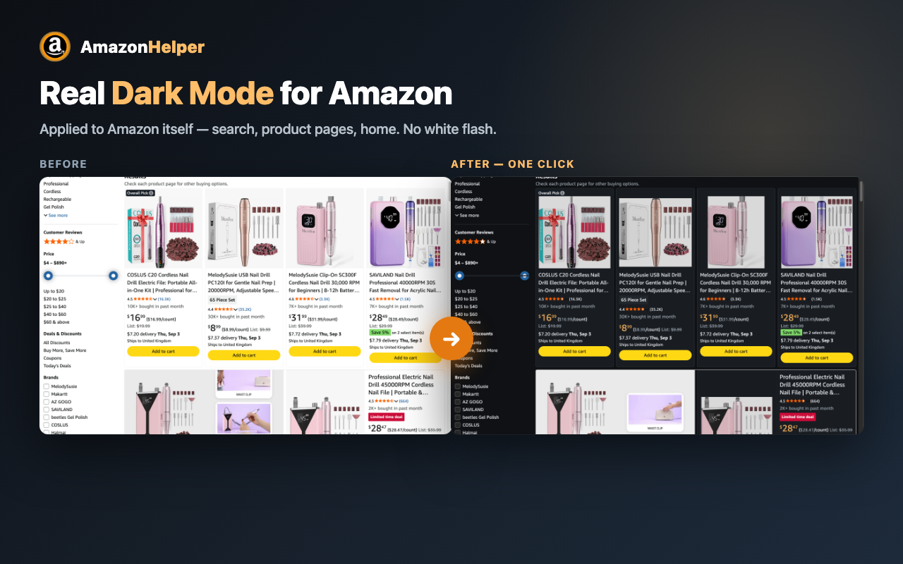 Before and after: Amazon light mode vs AmazonHelper dark mode