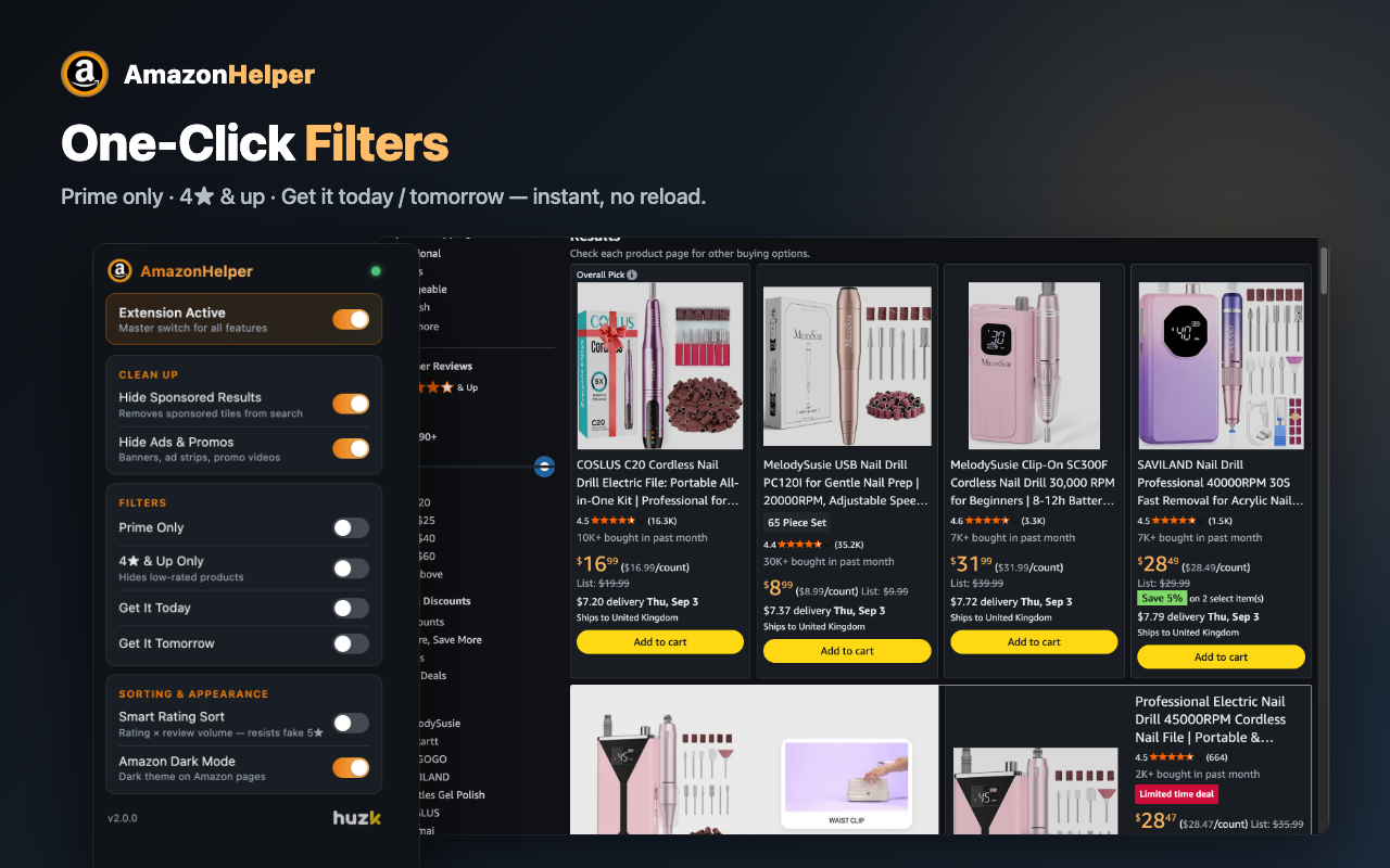 One-click filters in the AmazonHelper popup